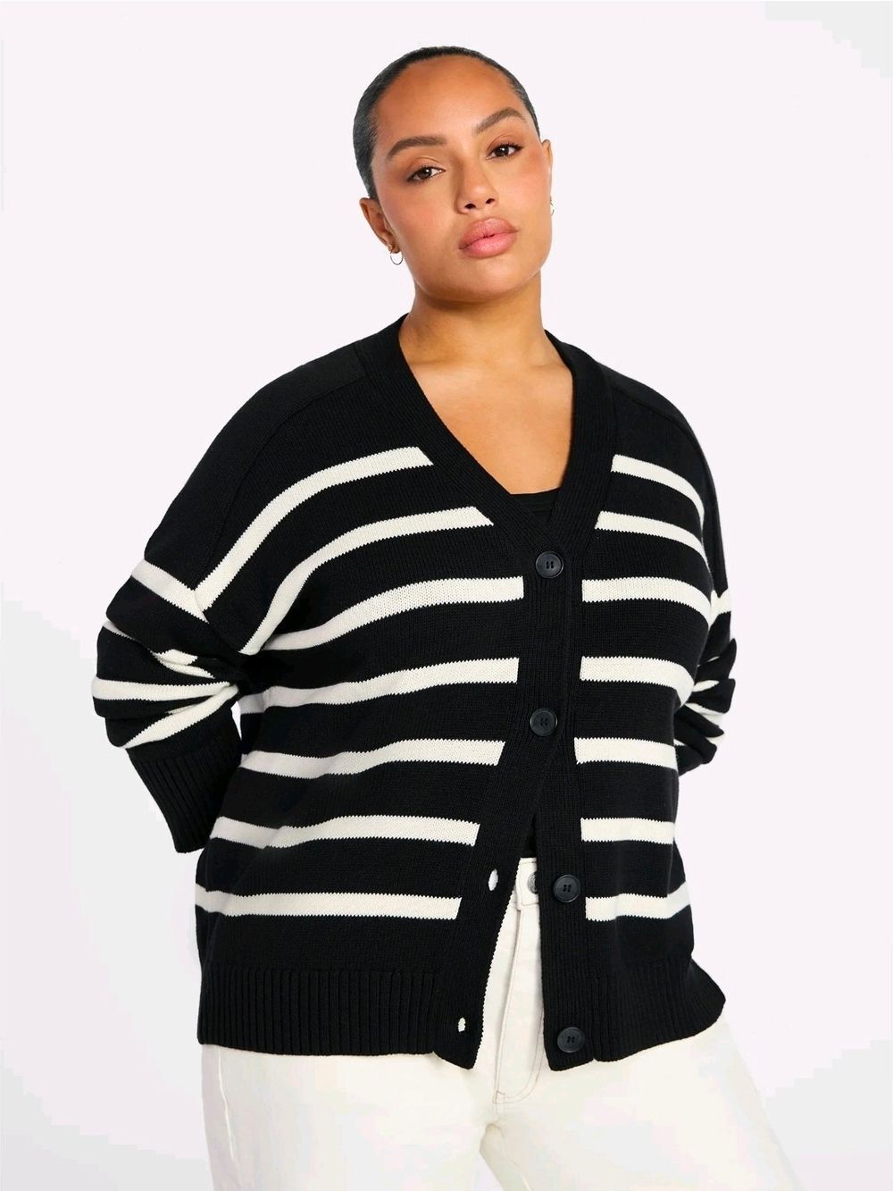 Terra & Sky Women's Plus Size Boyfriend Cotton Cardigan, Midweight - Picture 2 of 9